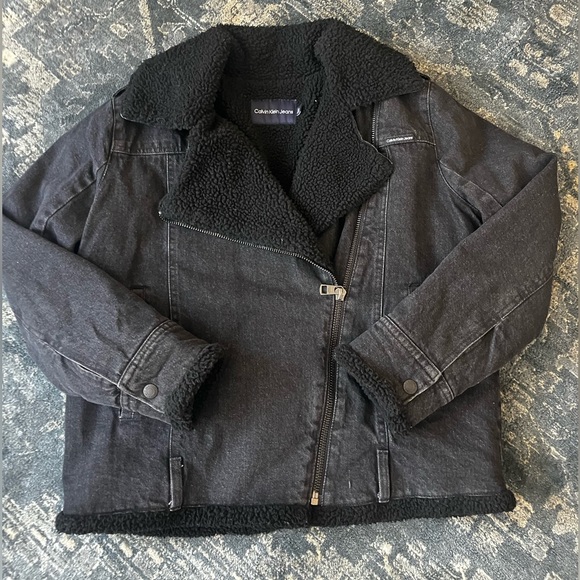 Calvin Klein Women’s Sherpa Moto Denim Jacket Black Size Large Casual Streetwear - Picture 8 of 12